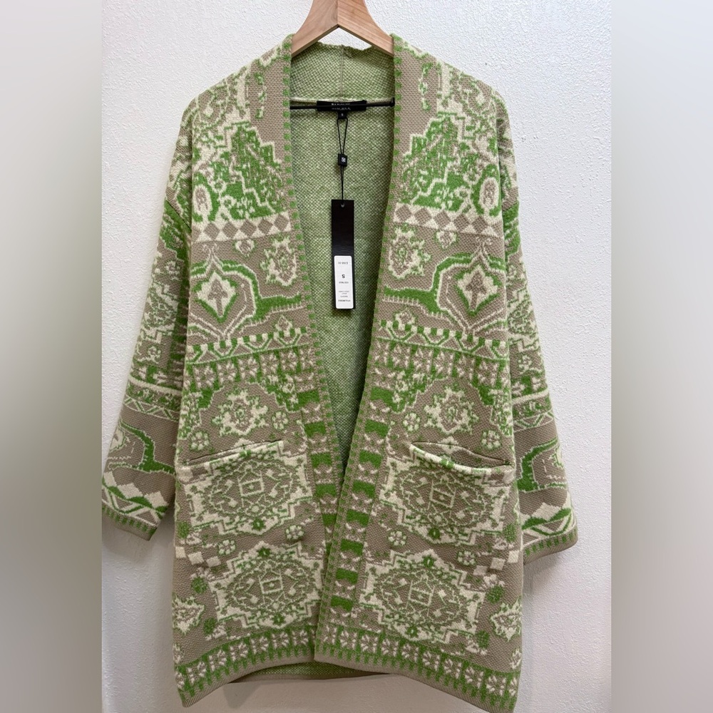 NWT Badgley Mischka Green Tapestry Double Knit Jacquard Cardi Size Small
